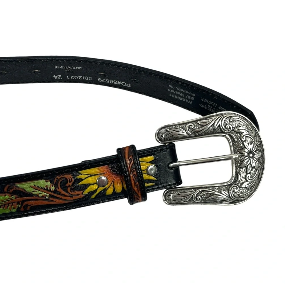 Nocona – Girls Western Sunflower Leather Tooled Belt ( Black ) Size 24